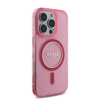 iPhone 16 Pro Max Kılıf Guess Orijinal Lisanslı M-safe Şarj Özellikli Simli Silikon İnci Bileklikli Kılıf