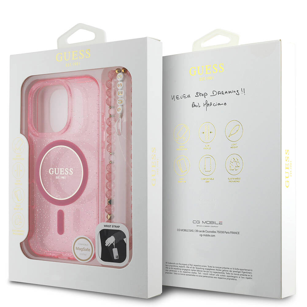 iPhone 16 Pro Max Kılıf Guess Orijinal Lisanslı M-safe Şarj Özellikli Simli Silikon İnci Bileklikli Kılıf