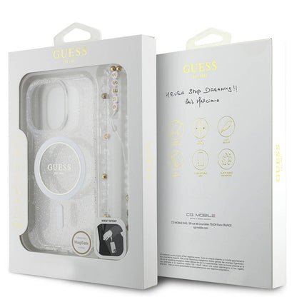 iPhone 16 Pro Max Kılıf Guess Orijinal Lisanslı M-safe Şarj Özellikli Simli Silikon İnci Bileklikli Kılıf