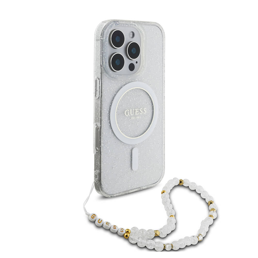 iPhone 16 Pro Max Kılıf Guess Orijinal Lisanslı M-safe Şarj Özellikli Simli Silikon İnci Bileklikli Kılıf
