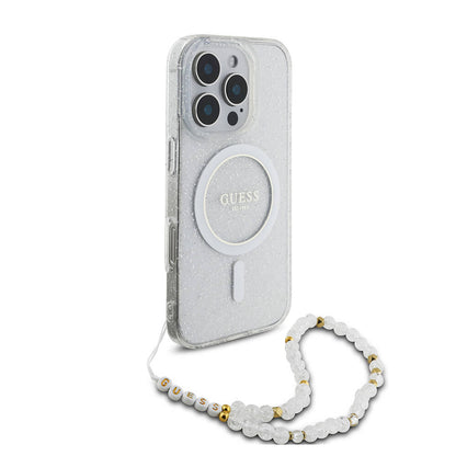 iPhone 16 Pro Max Kılıf Guess Orijinal Lisanslı M-safe Şarj Özellikli Simli Silikon İnci Bileklikli Kılıf