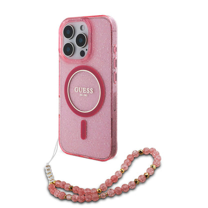 iPhone 16 Pro Max Kılıf Guess Orijinal Lisanslı M-safe Şarj Özellikli Simli Silikon İnci Bileklikli Kılıf