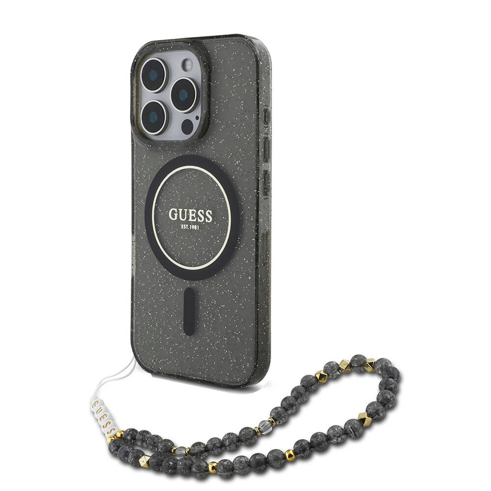 iPhone 16 Pro Max Kılıf Guess Orijinal Lisanslı M-safe Şarj Özellikli Simli Silikon İnci Bileklikli Kılıf