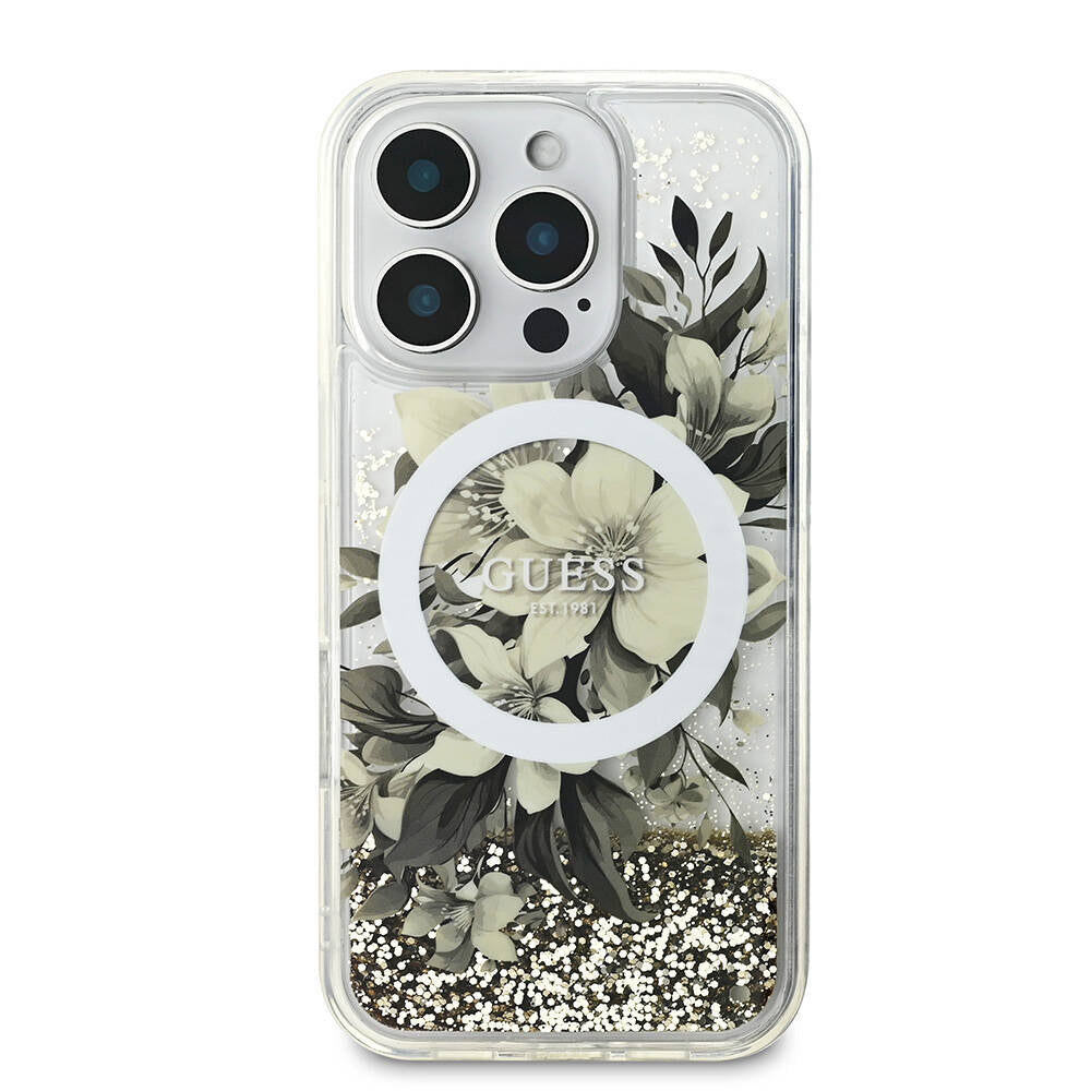 iPhone 16 Pro Max Kılıf Guess Orijinal Lisanslı M-safe Şarj Özellikli Sıvılı Simli Çiçek Desenli Kılıf