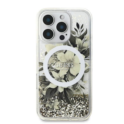 iPhone 16 Pro Max Kılıf Guess Orijinal Lisanslı M-safe Şarj Özellikli Sıvılı Simli Çiçek Desenli Kılıf