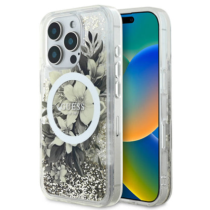 iPhone 16 Pro Max Kılıf Guess Orijinal Lisanslı M-safe Şarj Özellikli Sıvılı Simli Çiçek Desenli Kılıf