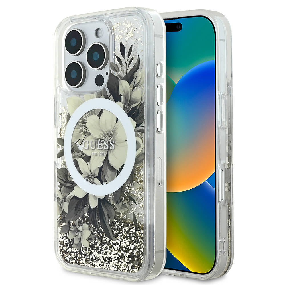 iPhone 16 Pro Max Kılıf Guess Orijinal Lisanslı M-safe Şarj Özellikli Sıvılı Simli Çiçek Desenli Kılıf