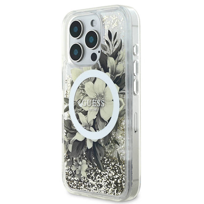 iPhone 16 Pro Max Kılıf Guess Orijinal Lisanslı M-safe Şarj Özellikli Sıvılı Simli Çiçek Desenli Kılıf