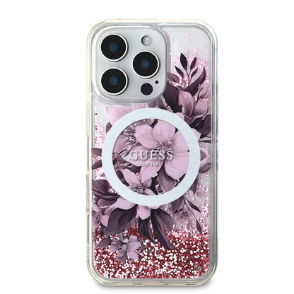 iPhone 16 Pro Max Kılıf Guess Orijinal Lisanslı M-safe Şarj Özellikli Sıvılı Simli Çiçek Desenli Kılıf