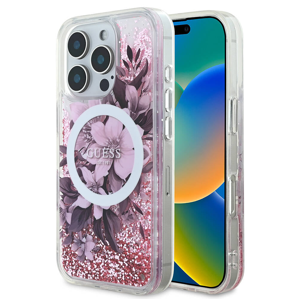 iPhone 16 Pro Max Kılıf Guess Orijinal Lisanslı M-safe Şarj Özellikli Sıvılı Simli Çiçek Desenli Kılıf