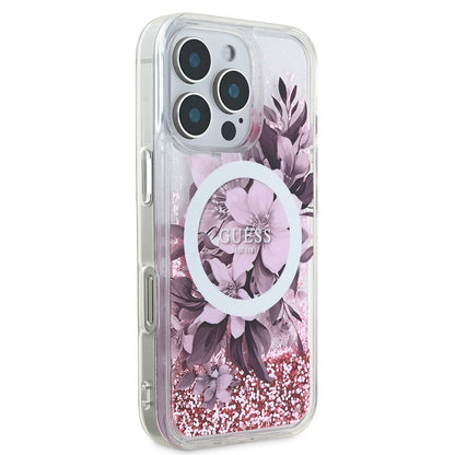 iPhone 16 Pro Max Kılıf Guess Orijinal Lisanslı M-safe Şarj Özellikli Sıvılı Simli Çiçek Desenli Kılıf