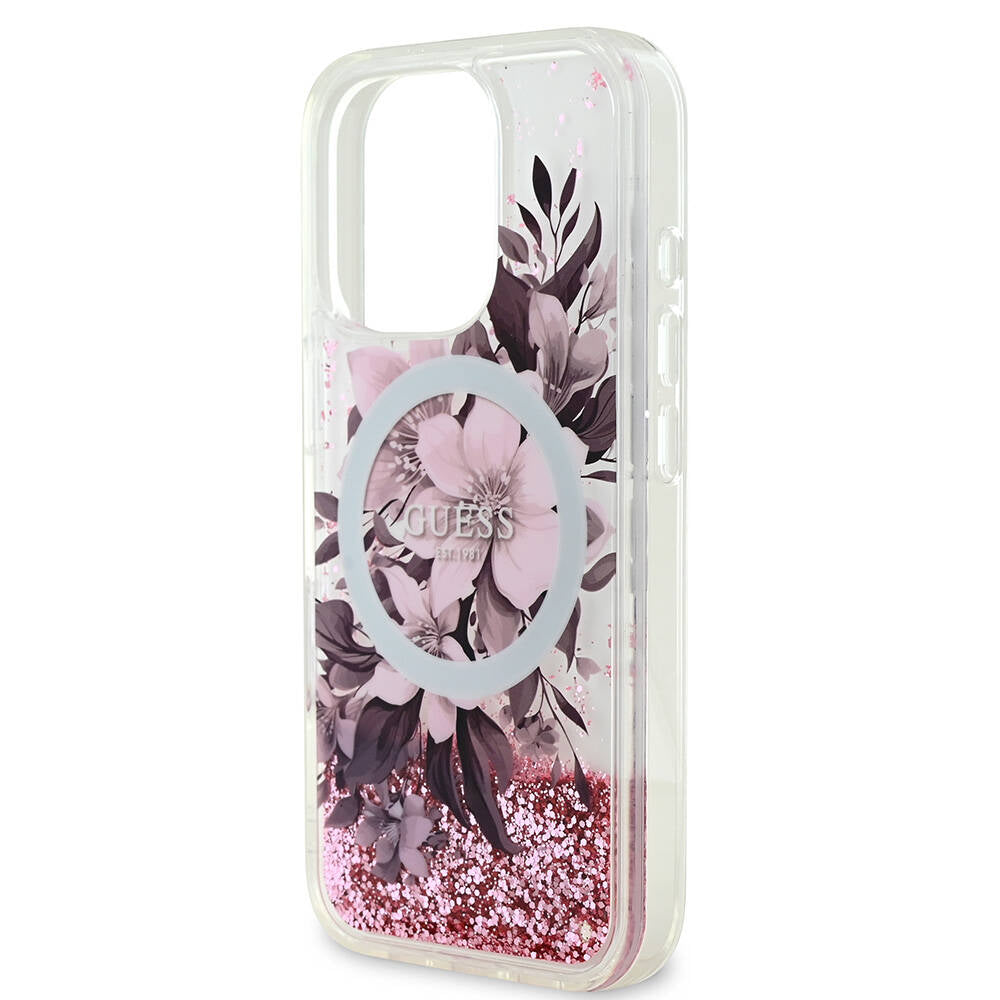 iPhone 16 Pro Max Kılıf Guess Orijinal Lisanslı M-safe Şarj Özellikli Sıvılı Simli Çiçek Desenli Kılıf