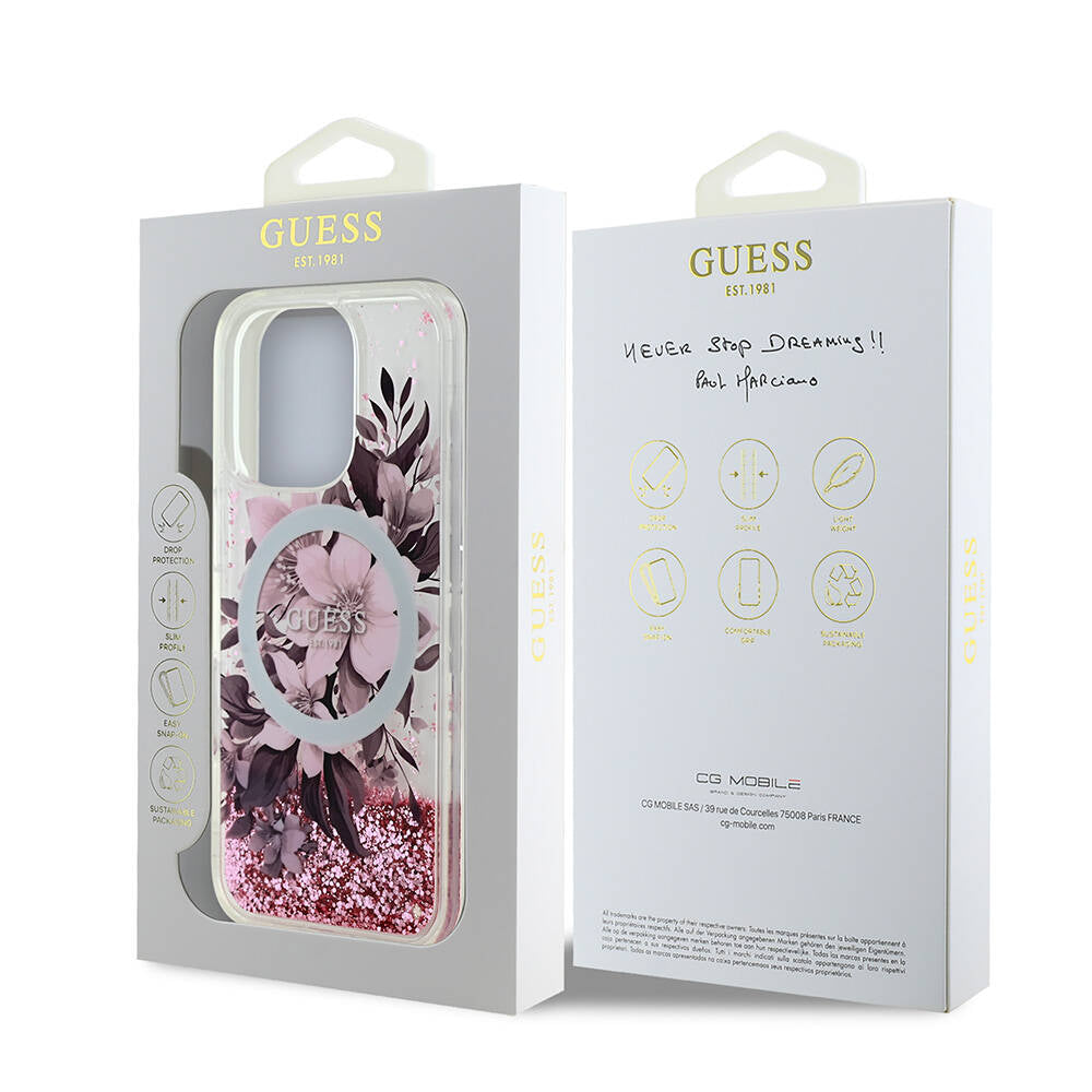 iPhone 16 Pro Max Kılıf Guess Orijinal Lisanslı M-safe Şarj Özellikli Sıvılı Simli Çiçek Desenli Kılıf