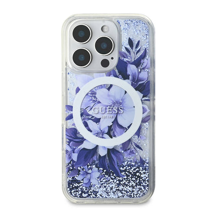 iPhone 16 Pro Max Kılıf Guess Orijinal Lisanslı M-safe Şarj Özellikli Sıvılı Simli Çiçek Desenli Kılıf