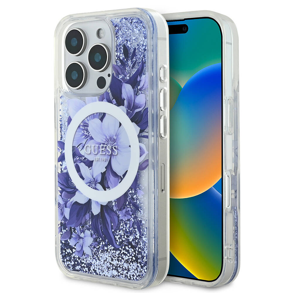 iPhone 16 Pro Max Kılıf Guess Orijinal Lisanslı M-safe Şarj Özellikli Sıvılı Simli Çiçek Desenli Kılıf