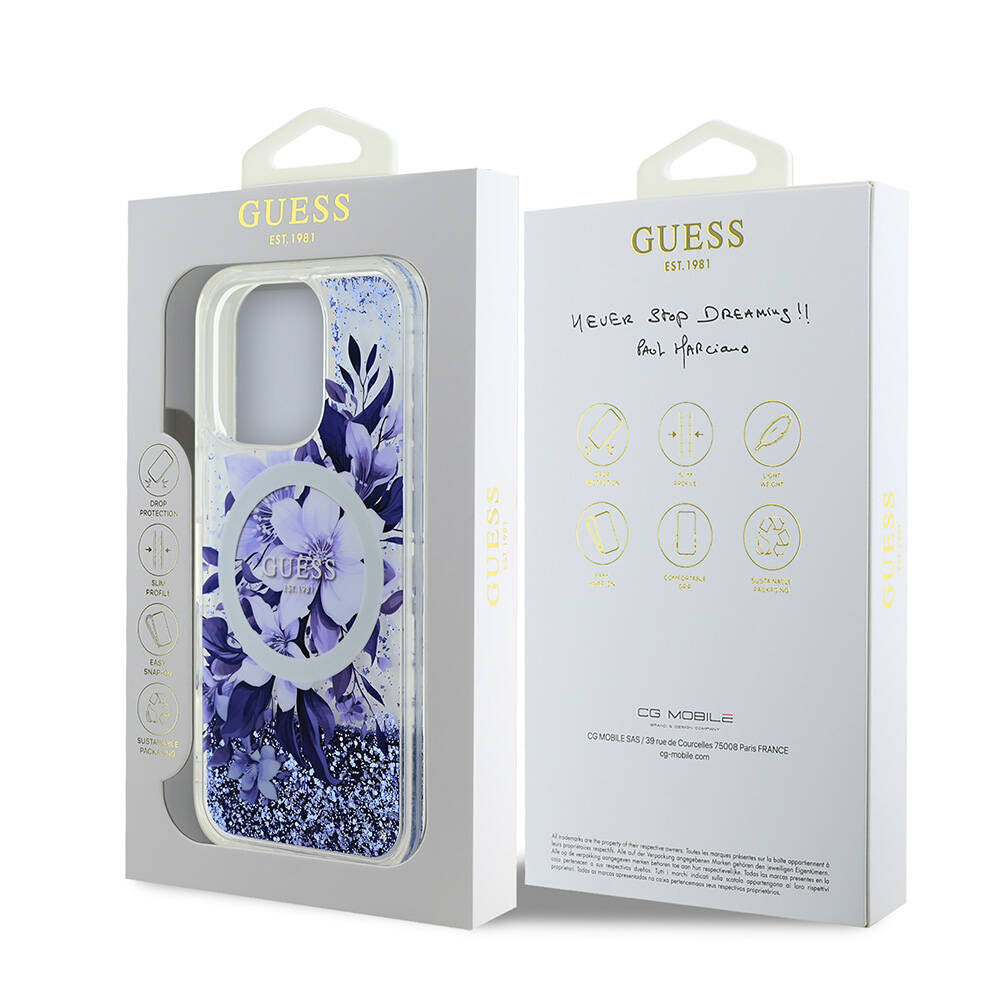 iPhone 16 Pro Max Kılıf Guess Orijinal Lisanslı M-safe Şarj Özellikli Sıvılı Simli Çiçek Desenli Kılıf