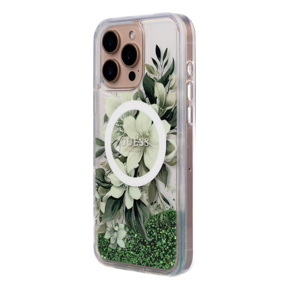 iPhone 16 Pro Max Kılıf Guess Orijinal Lisanslı M-safe Şarj Özellikli Sıvılı Simli Çiçek Desenli Kılıf