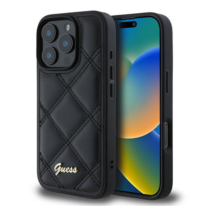 iPhone 16 Pro Max Kılıf Guess Orijinal Lisanslı PU Deri Metal Yazı Logolu Kapitone Kılıf