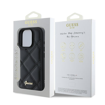 iPhone 16 Pro Max Kılıf Guess Orijinal Lisanslı PU Deri Metal Yazı Logolu Kapitone Kılıf