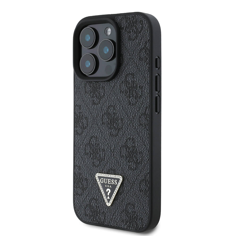 iPhone 16 Pro Max Kılıf Guess Orijinal Lisanslı PU Deri Taşlı Metal Üçgen Logolu Çapraz Vücut Askılı 4G Desenli Kılıf