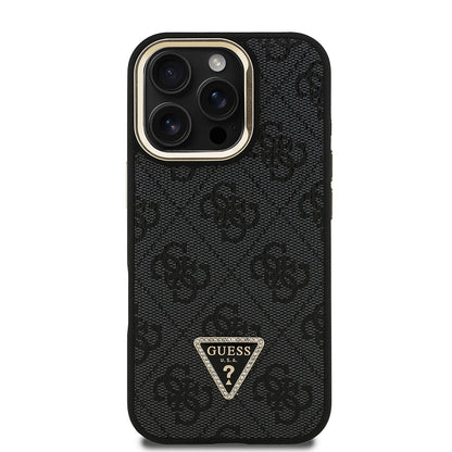 iPhone 16 Pro Max Kılıf Guess Orijinal Lisanslı PU Deri Taşlı Üçgen Logo 4G Desenli Kamera Standlı Kılıf