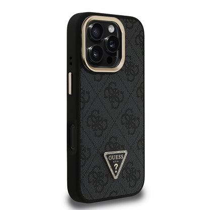 iPhone 16 Pro Max Kılıf Guess Orijinal Lisanslı PU Deri Taşlı Üçgen Logo 4G Desenli Kamera Standlı Kılıf