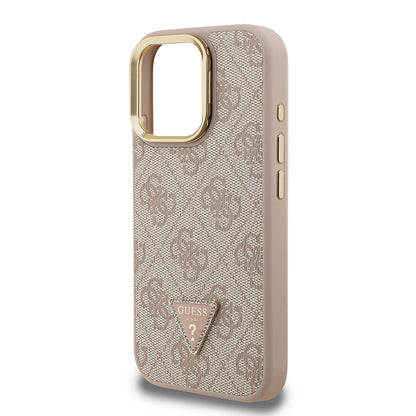 iPhone 16 Pro Max Kılıf Guess Orijinal Lisanslı PU Deri Taşlı Üçgen Logo 4G Desenli Kamera Standlı Kılıf