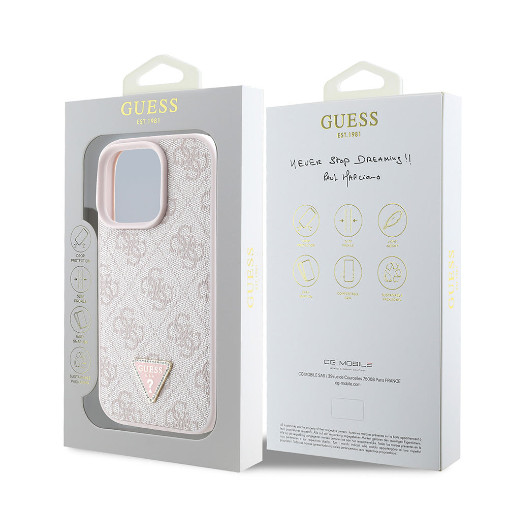 iPhone 16 Pro Max Kılıf Guess Orijinal Lisanslı PU Deri Taşlı Üçgen Logo 4G Desenli Strass Kılıf