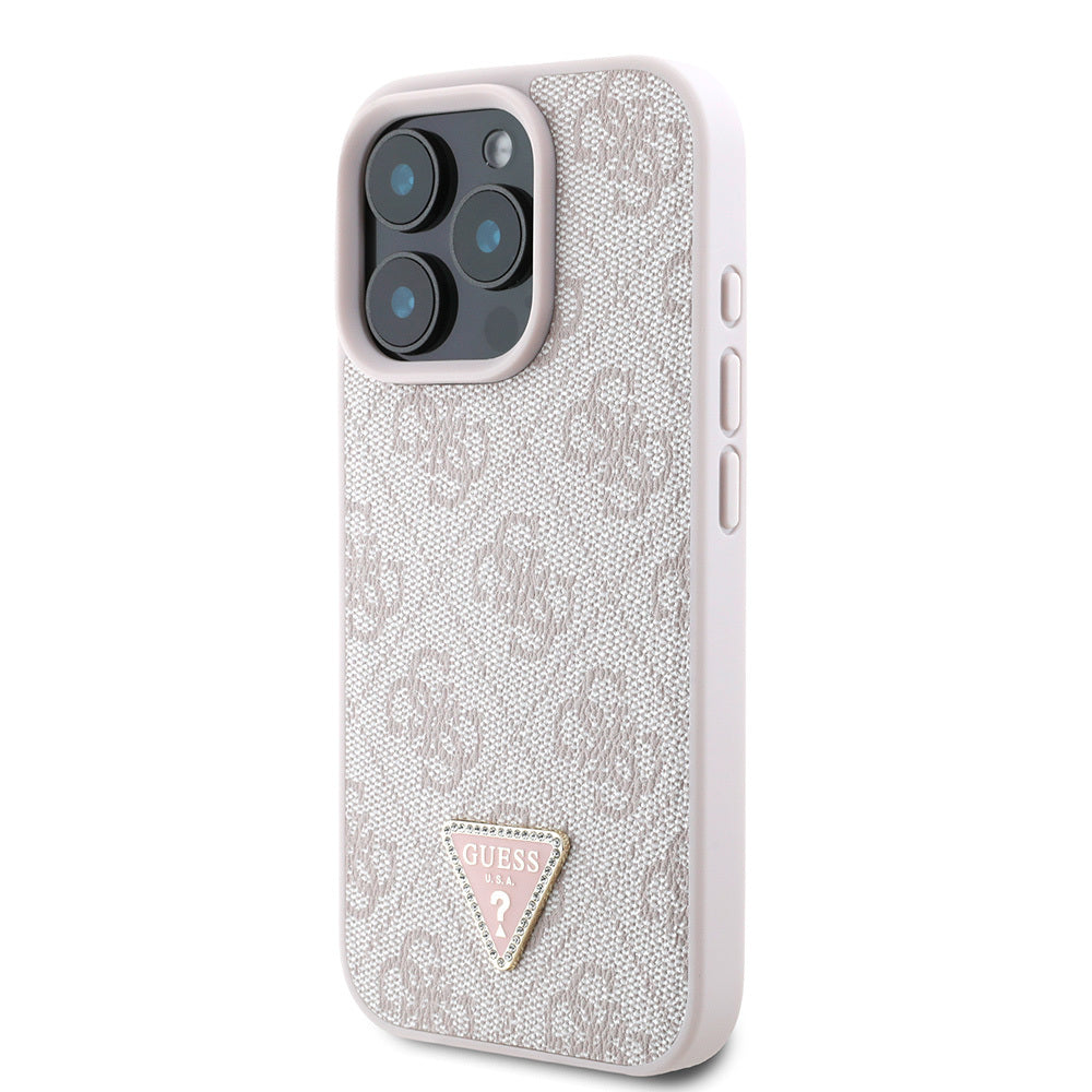 iPhone 16 Pro Max Kılıf Guess Orijinal Lisanslı PU Deri Taşlı Üçgen Logo 4G Desenli Strass Kılıf