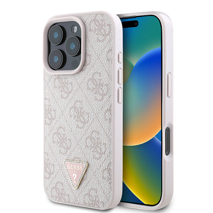 iPhone 16 Pro Max Kılıf Guess Orijinal Lisanslı PU Deri Taşlı Üçgen Logo 4G Desenli Strass Kılıf