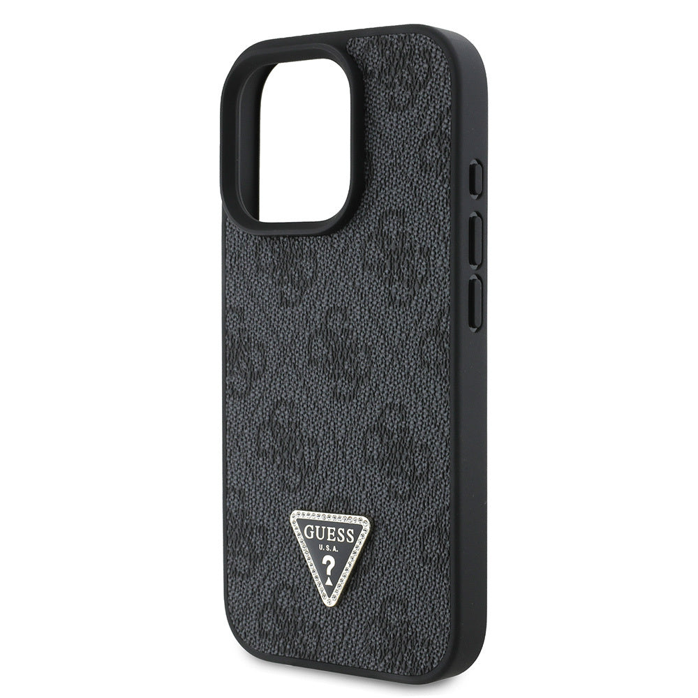 iPhone 16 Pro Max Kılıf Guess Orijinal Lisanslı PU Deri Taşlı Üçgen Logo 4G Desenli Strass Kılıf