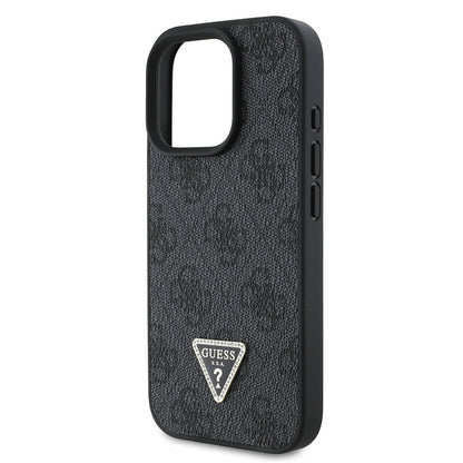 iPhone 16 Pro Max Kılıf Guess Orijinal Lisanslı PU Deri Taşlı Üçgen Logo 4G Desenli Strass Kılıf
