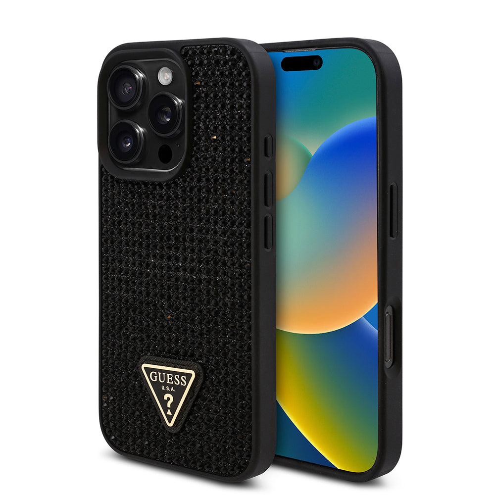 iPhone 16 Pro Max Kılıf Guess Orijinal Lisanslı Taşlı Arka Yüzey Üçgen Logolu Kılıf