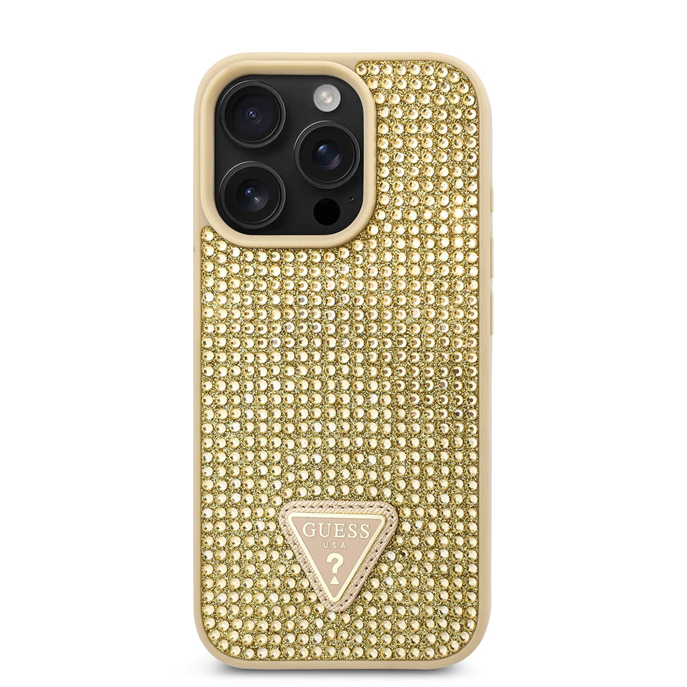 iPhone 16 Pro Max Kılıf Guess Orijinal Lisanslı Taşlı Arka Yüzey Üçgen Logolu Kılıf