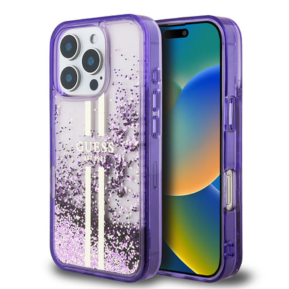 iPhone 16 Pro Max Kılıf Guess Orijinal Lisanslı Transparan Sıvılı Simli Altın Çizgili Kılıf