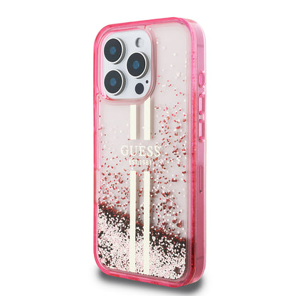 iPhone 16 Pro Max Kılıf Guess Orijinal Lisanslı Transparan Sıvılı Simli Altın Çizgili Kılıf