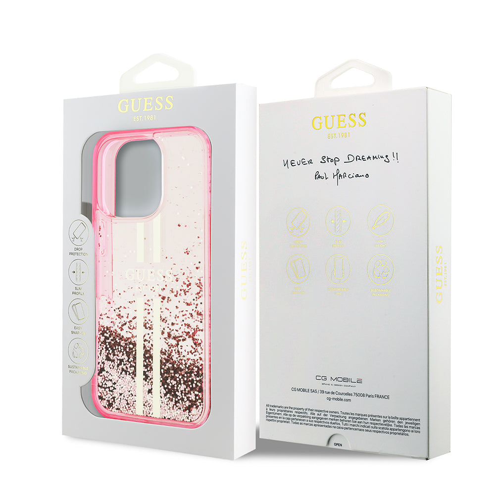 iPhone 16 Pro Max Kılıf Guess Orijinal Lisanslı Transparan Sıvılı Simli Altın Çizgili Kılıf