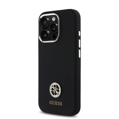 iPhone 16 Pro Max Kılıf Guess Orijinal Lisanslı Yazı ve Taşlı 4G Logolu Metal Kamera Çerçeveli Silikon Kılıf