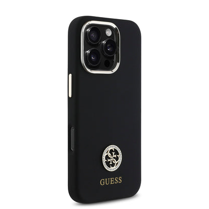 iPhone 16 Pro Max Kılıf Guess Orijinal Lisanslı Yazı ve Taşlı 4G Logolu Metal Kamera Çerçeveli Silikon Kılıf