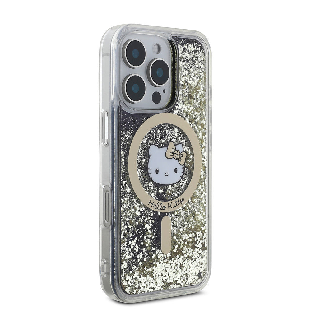 iPhone 16 Pro Max Kılıf Hello Kitty Orijinal Lisanslı M-safe Şarj Özellikli IML Baskı Kitty Head Logolu Sıvılı Simli Altın Ateşi Kılıf