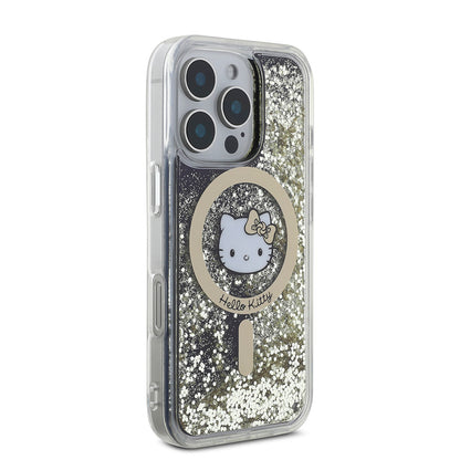 iPhone 16 Pro Max Kılıf Hello Kitty Orijinal Lisanslı M-safe Şarj Özellikli IML Baskı Kitty Head Logolu Sıvılı Simli Altın Ateşi Kılıf