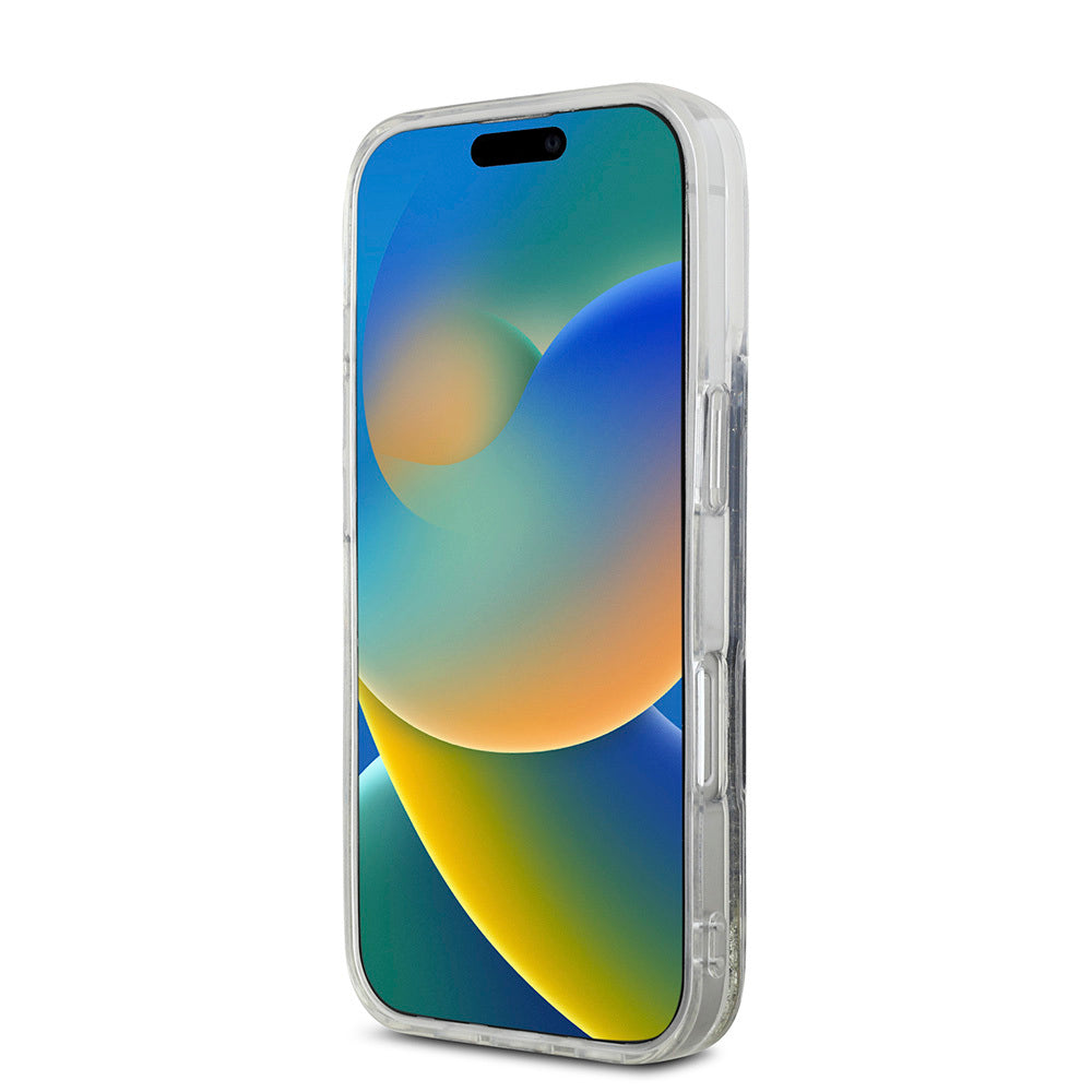 iPhone 16 Pro Max Kılıf Hello Kitty Orijinal Lisanslı M-safe Şarj Özellikli IML Baskı Kitty Head Logolu Sıvılı Simli Altın Ateşi Kılıf