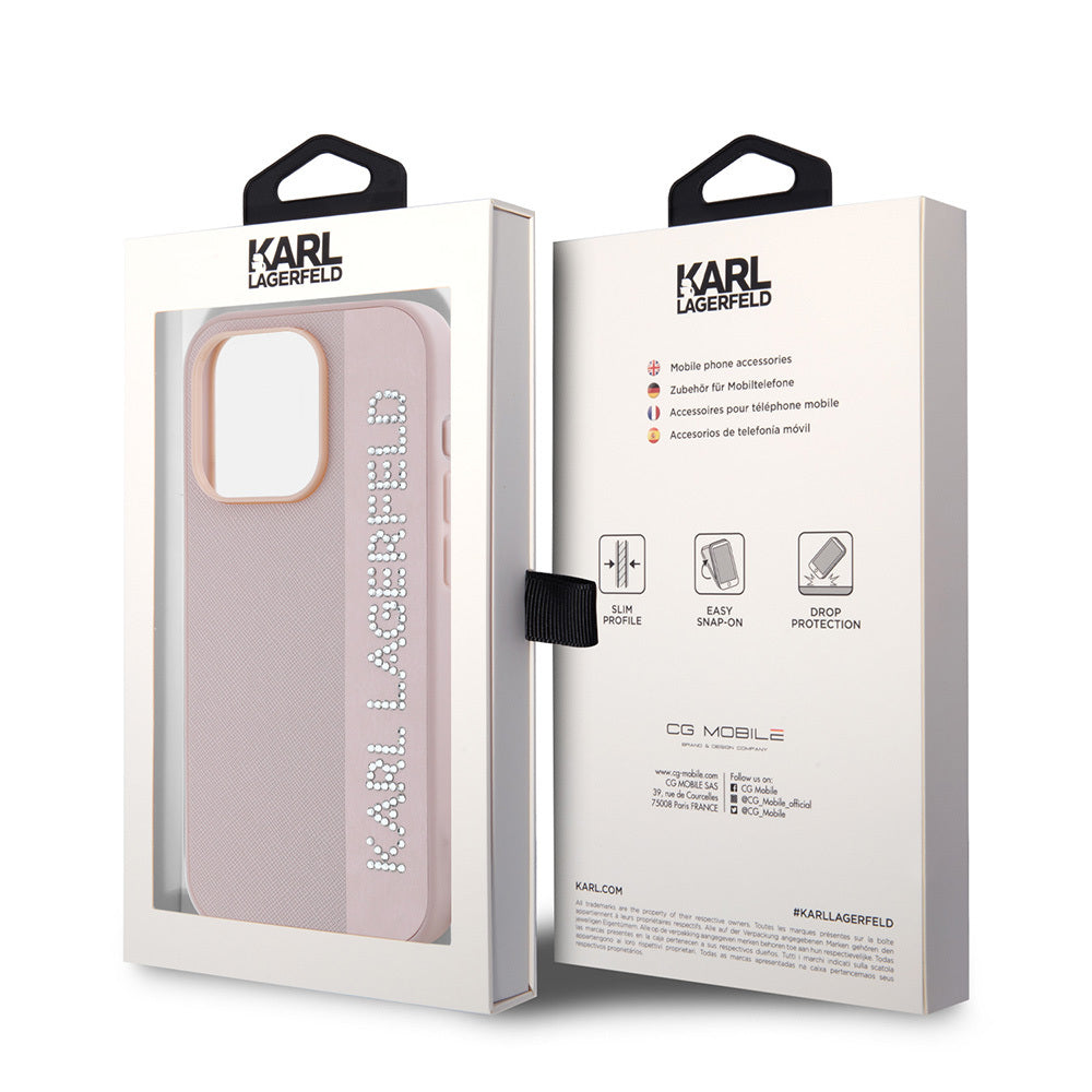 iPhone 16 Pro Max Kılıf Karl Lagerfeld Orijinal Lisanslı Anahtarlıklı Taşlı KL Yazılı Saffiano Rhinestones Kılıf