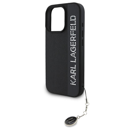iPhone 16 Pro Max Kılıf Karl Lagerfeld Orijinal Lisanslı Anahtarlıklı Taşlı KL Yazılı Saffiano Rhinestones Kılıf