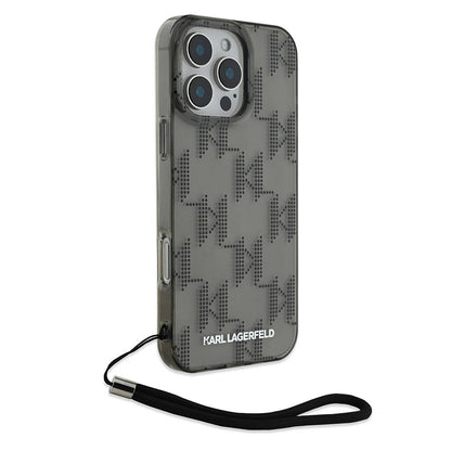 iPhone 16 Pro Max Kılıf Karl Lagerfeld Orijinal Lisanslı KL Desenli Saydam Bilek Askı İpli Klasik Logolu Kılıf