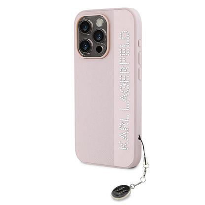 iPhone 16 Pro Max Kılıf Karl Lagerfeld orijinal Lisanslı Anahtarlıklı Taşlı KL Yazılı Saffiano Rhinestones Kılıf
