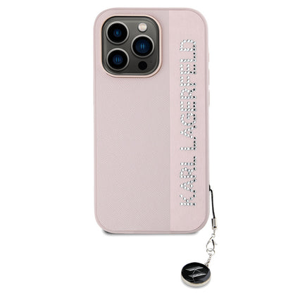 iPhone 16 Pro Max Kılıf Karl Lagerfeld orijinal Lisanslı Anahtarlıklı Taşlı KL Yazılı Saffiano Rhinestones Kılıf