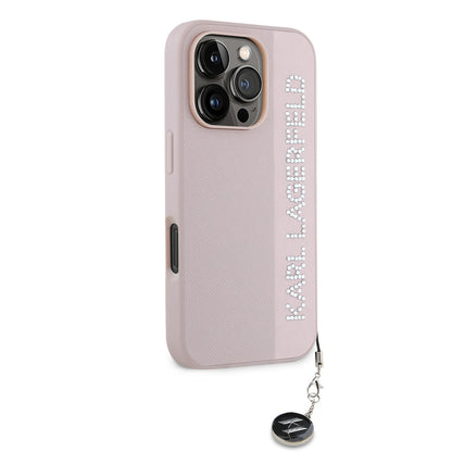 iPhone 16 Pro Max Kılıf Karl Lagerfeld orijinal Lisanslı Anahtarlıklı Taşlı KL Yazılı Saffiano Rhinestones Kılıf