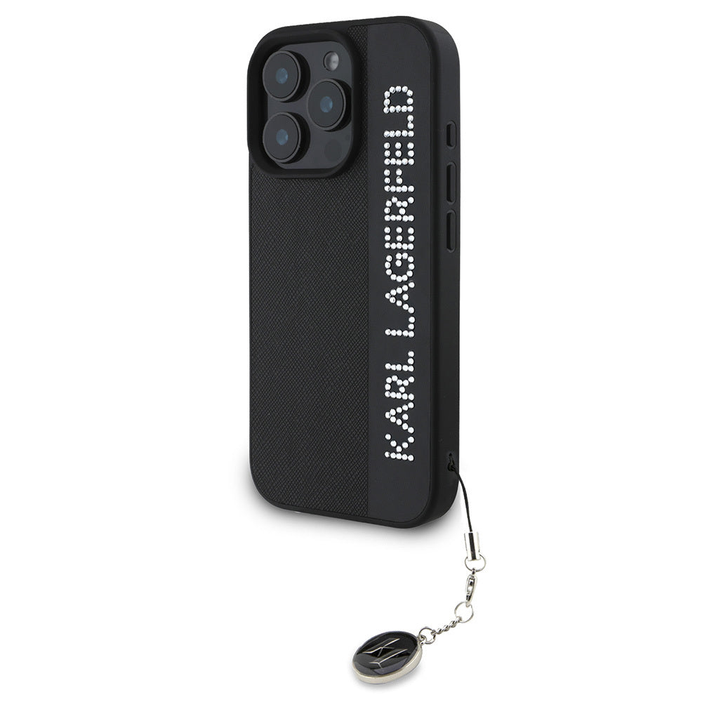 iPhone 16 Pro Max Kılıf Karl Lagerfeld orijinal Lisanslı Anahtarlıklı Taşlı KL Yazılı Saffiano Rhinestones Kılıf