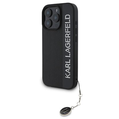 iPhone 16 Pro Max Kılıf Karl Lagerfeld orijinal Lisanslı Anahtarlıklı Taşlı KL Yazılı Saffiano Rhinestones Kılıf